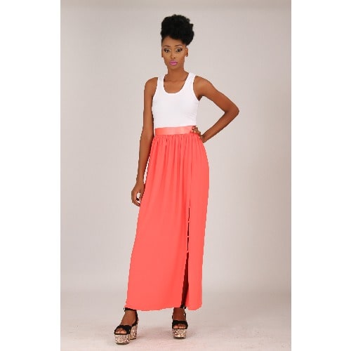 Maxi Chiffon Skirt with Button Up Slit – Peach