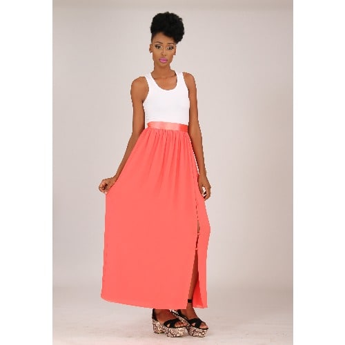 Maxi Chiffon Skirt with Button Up Slit – Peach