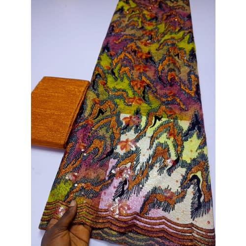 Orange Nigeria Velvet Lace 2022 With Matching Aseoke - 5yards