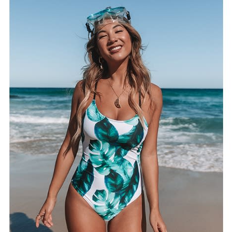 Leaf Print Lined Lace Up Back Padded One Piece Swimsuit - Xl - Green