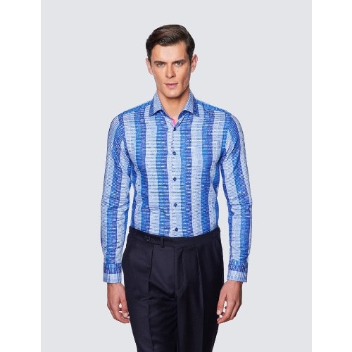 Men's Dobby Stripe Slim Fit Cotton Shirt - Low Collar - Light  & Dark Blue