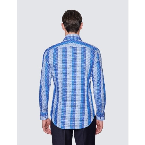 Men's Dobby Stripe Slim Fit Cotton Shirt - Low Collar - Light  & Dark Blue