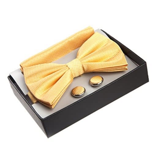 Men's Bowtie With Cufflinks And Pocket Square  - Light Yellow