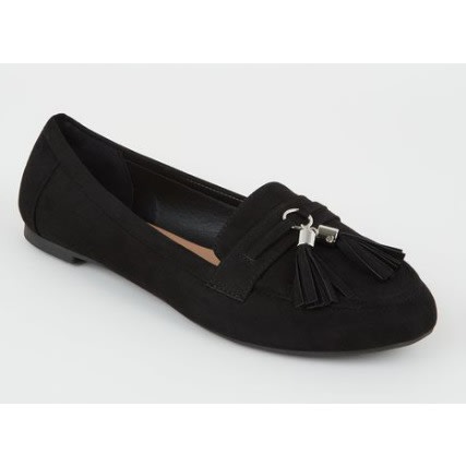 Suede Pointy Toes Flats With Tassels - Black