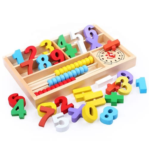 Pre-schoolers Wooden Educational Toy With Numbers, Abacus and Clock