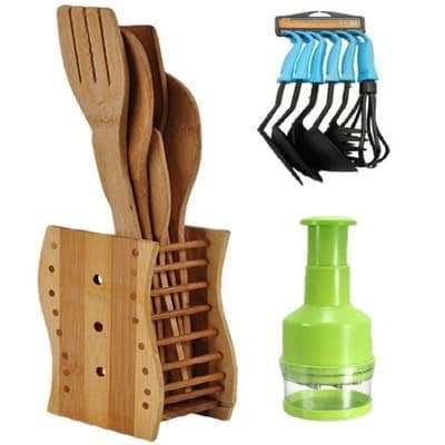 Kitchen Wooden & Non-stick Spoon Set With Onion Chopper