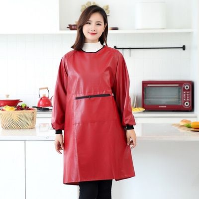 Long-sleeve PU Leather Apron Kitchen Cooking Pet Shop Waterproof And Oil-proof Soft Anti-wear Gown For Adults Women's Overall Maroon Long
