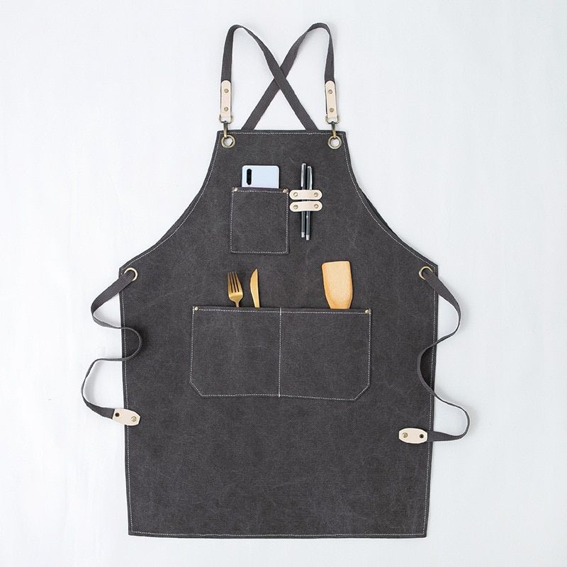 Fashion Canvas Kitchen Aprons For Woman Men Chef Work Apron For Grill Restaurant Bar Shop Cafes Beauty Nails Studios Uniform Grey-A