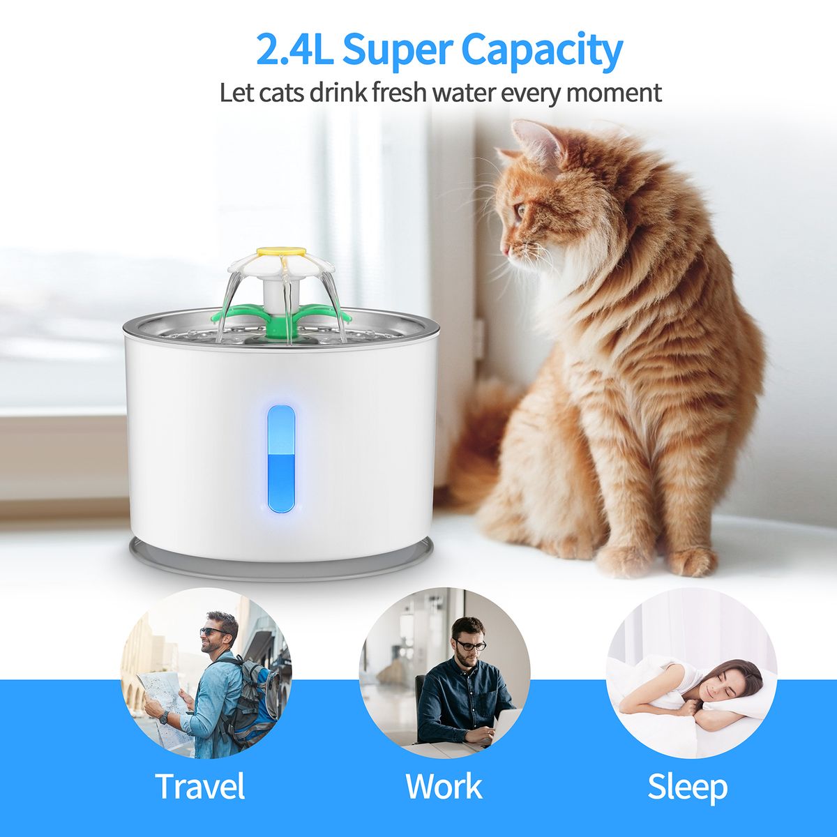 2.4LGrey Pet Fountain Automatic Cat & Dog Water Dispenser