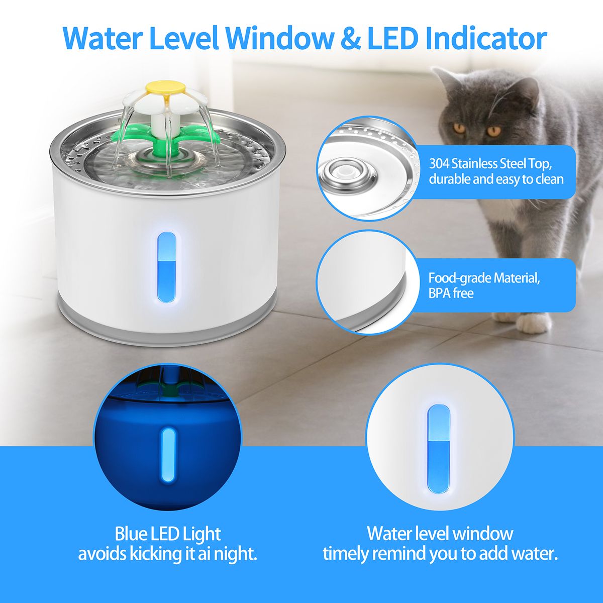 2.4LGrey Pet Fountain Automatic Cat & Dog Water Dispenser