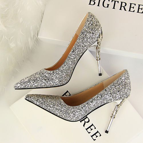 Ladies Heels Metallic Carved Sequins Sandals Silver