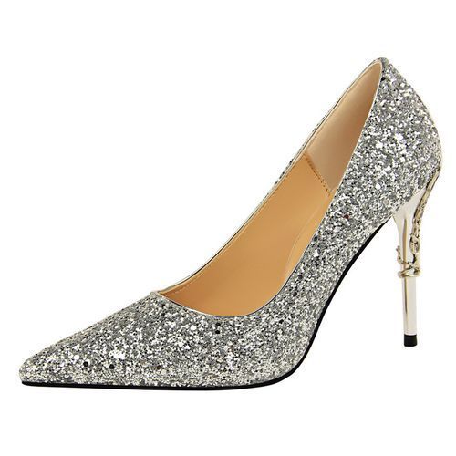 Ladies Heels Metallic Carved Sequins Sandals Silver