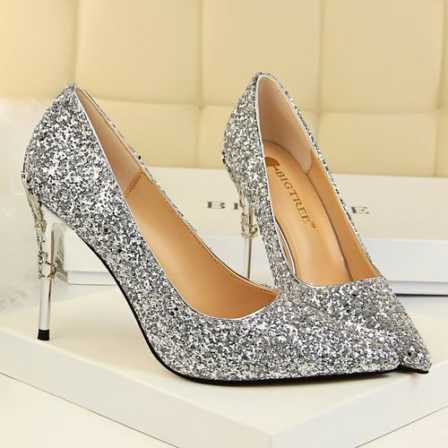Ladies Heels Metallic Carved Sequins Sandals Silver