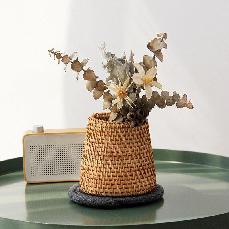 1Pc Trapezoid Household Storage Basket Rattan Storage Box Cosmetic Pen Holder Tea Ceremony Accessories Tableware Decoration