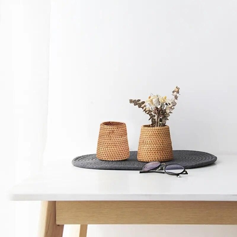 1Pc Trapezoid Household Storage Basket Rattan Storage Box Cosmetic Pen Holder Tea Ceremony Accessories Tableware Decoration