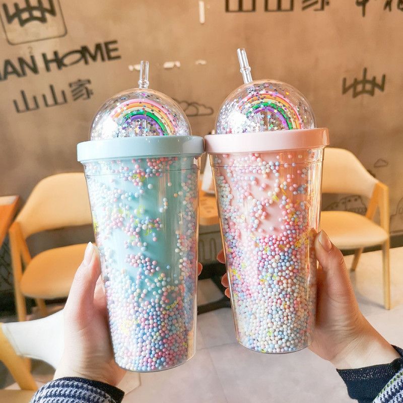 Cartoon Cute Rainbow Cup With Straw Double Plastic Bpa Free