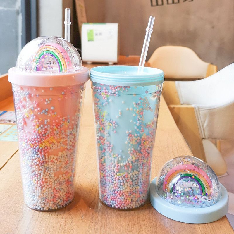 Cartoon Cute Rainbow Cup With Straw Double Plastic Bpa Free