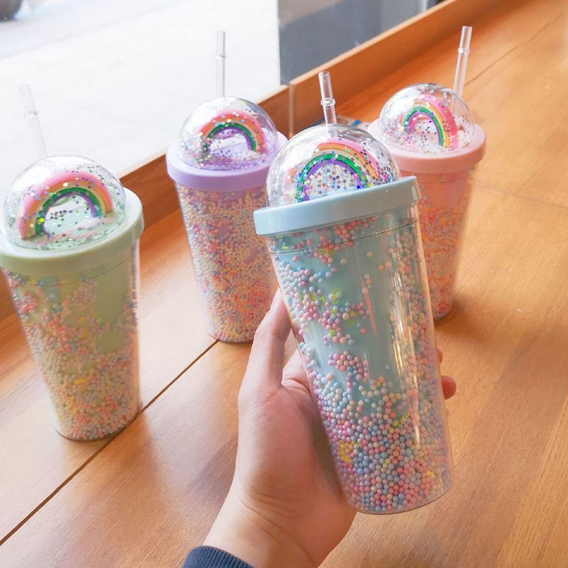 Cartoon Cute Rainbow Cup With Straw Double Plastic Bpa Free