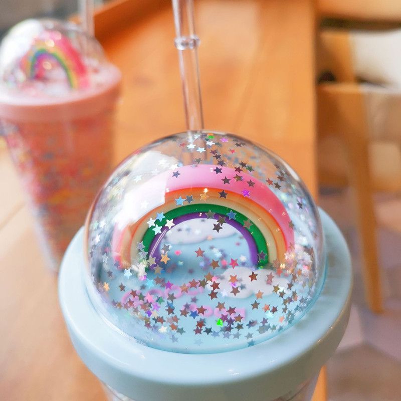 Cartoon Cute Rainbow Cup With Straw Double Plastic Bpa Free