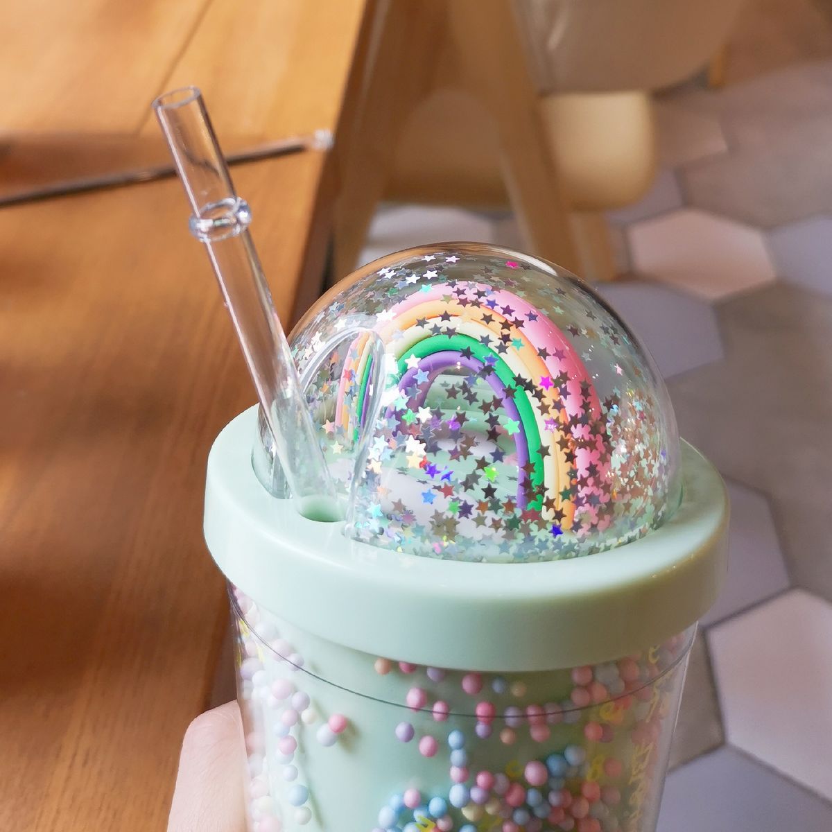 Cartoon Cute Rainbow Cup With Straw Double Plastic Bpa Free