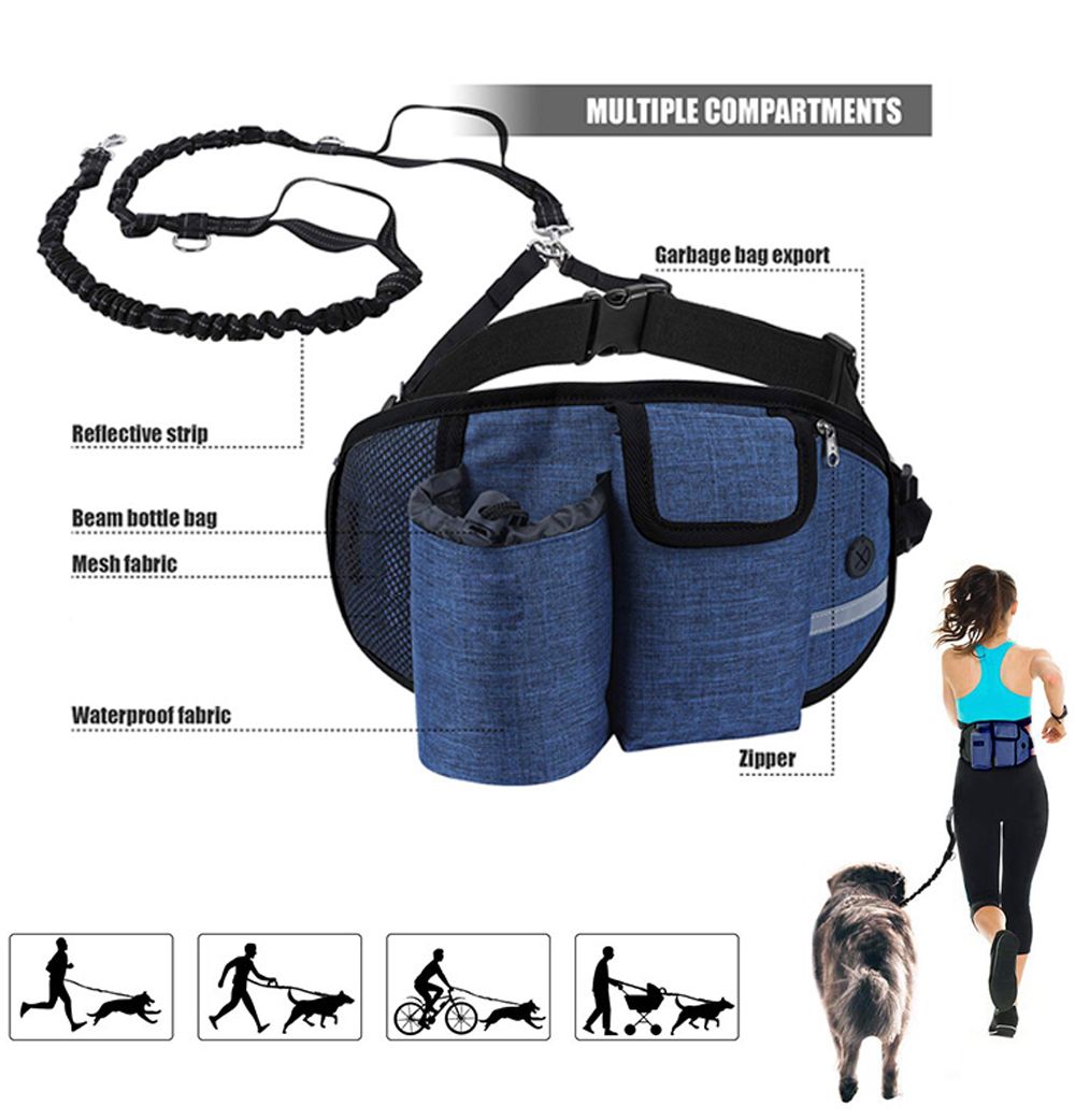 Hands Free Dog Running Waist Belt Bungee Dog Leash With Multi Pouches