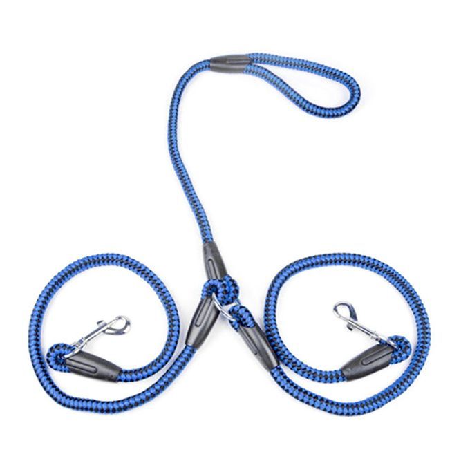 Strong Nylon Ribbon Double Dog Leash One Drag Braided Tangle Traction Rope Blue & Black