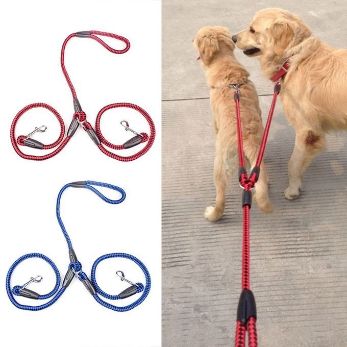 Strong Nylon Ribbon Double Dog Leash One Drag Braided Tangle Traction Rope Blue & Black