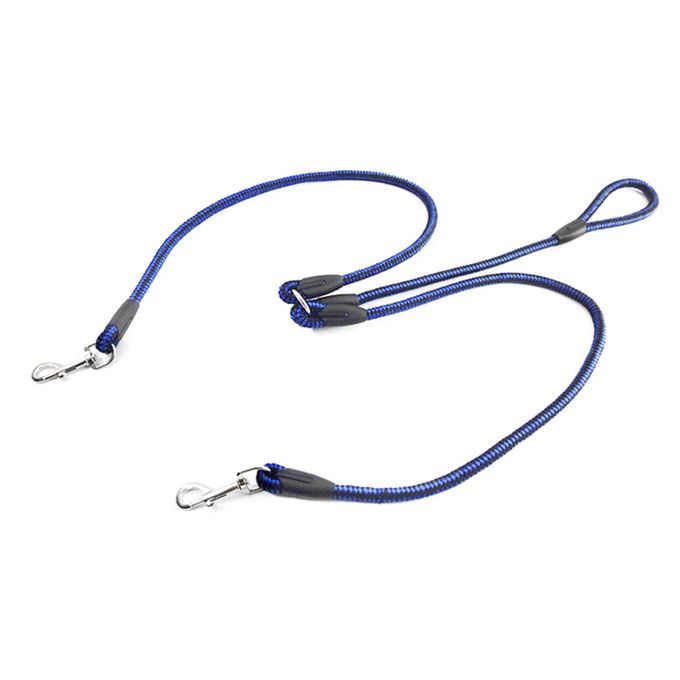 Strong Nylon Ribbon Double Dog Leash One Drag Braided Tangle Traction Rope Blue & Black