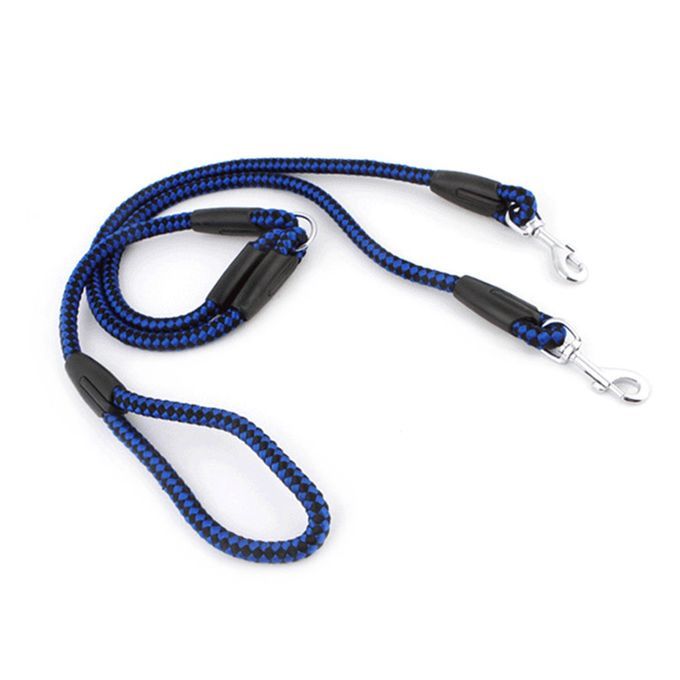 Strong Nylon Ribbon Double Dog Leash One Drag Braided Tangle Traction Rope Blue & Black