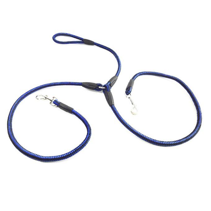 Strong Nylon Ribbon Double Dog Leash One Drag Braided Tangle Traction Rope Blue & Black