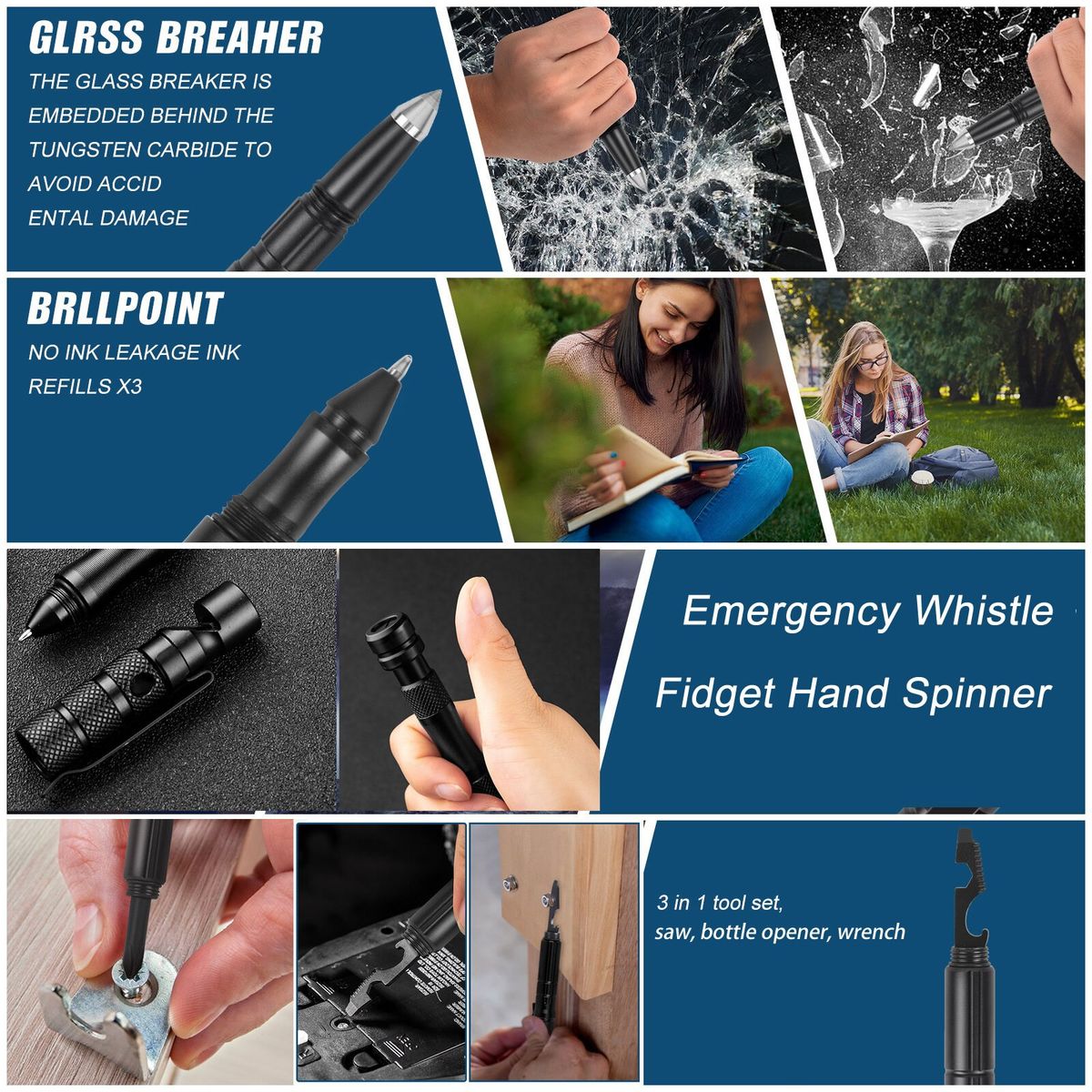 Multi-Function Self  Tactical Pen Handnner Whistle Screwdriver Window Breaker DIY Outdoor Survival EDC Tool Fun Gift
