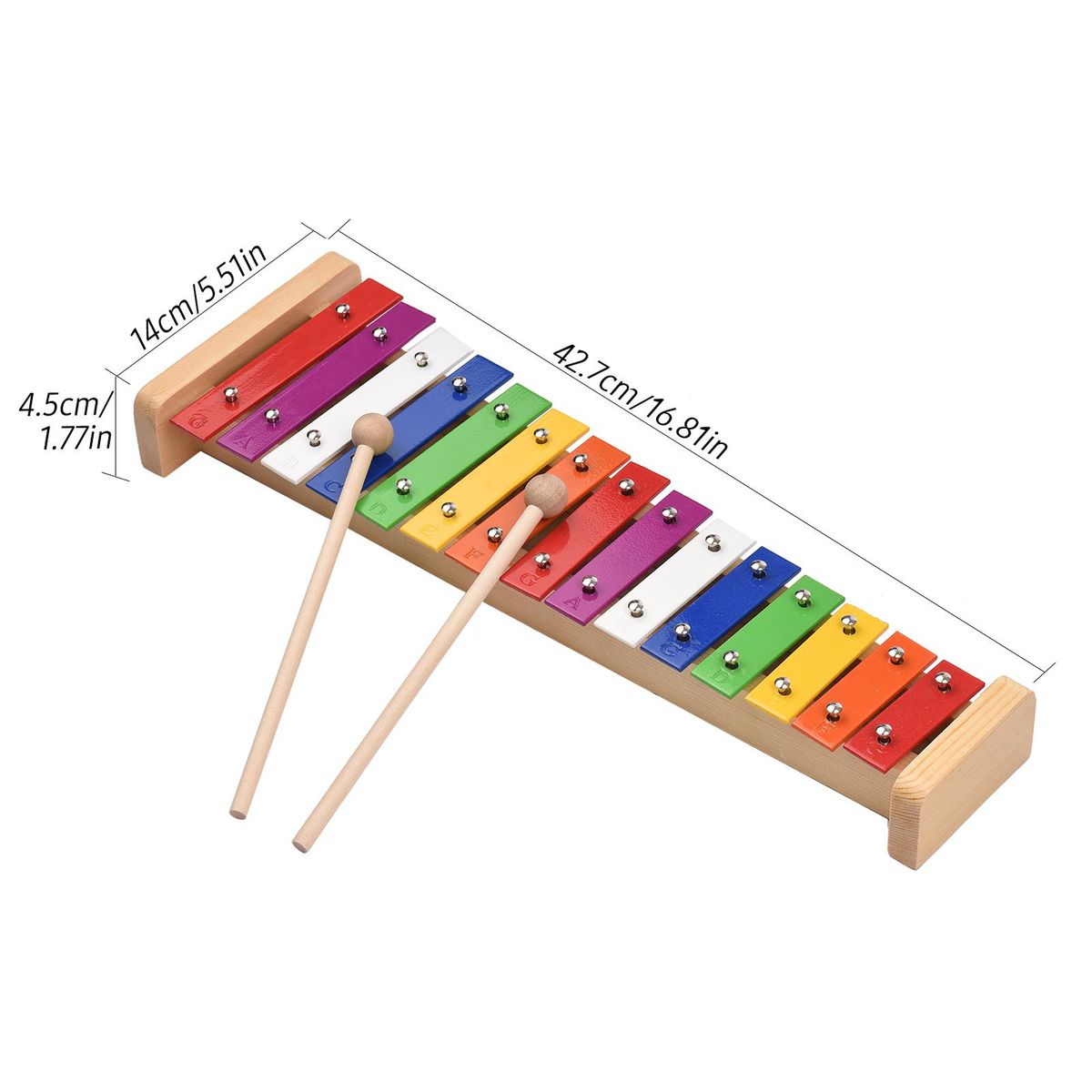 15 Note Glockenspiel Xylophone Wooden Base Colorful Aluminum Bars with 2 Mallets Educational Musical Instrument Percussion Gift