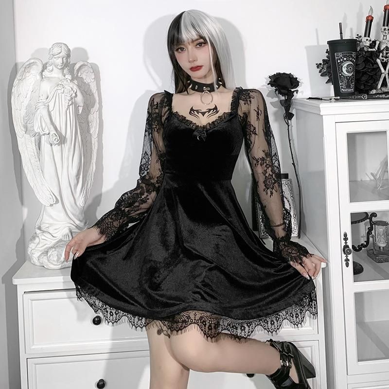HY21249 Diablo 2023 Autumn New Sexy Lace Panel Chest Flare Long Sleeve Dress with Ruffles