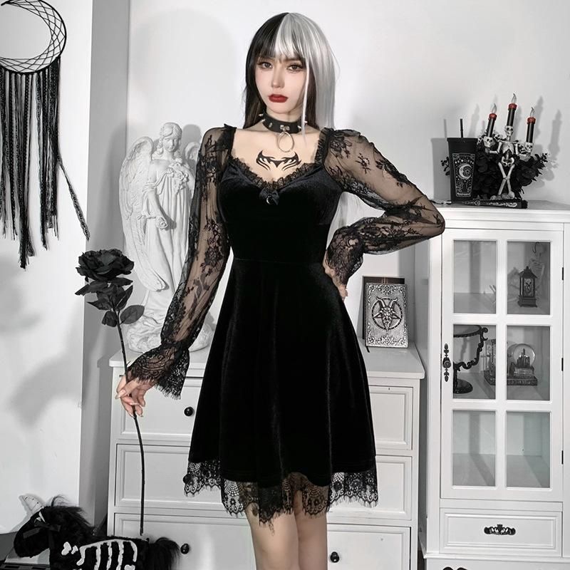 HY21249 Diablo 2023 Autumn New Sexy Lace Panel Chest Flare Long Sleeve Dress with Ruffles