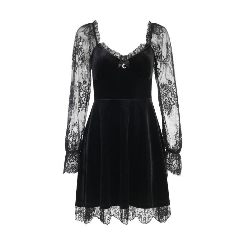 HY21249 Diablo 2023 Autumn New Sexy Lace Panel Chest Flare Long Sleeve Dress with Ruffles