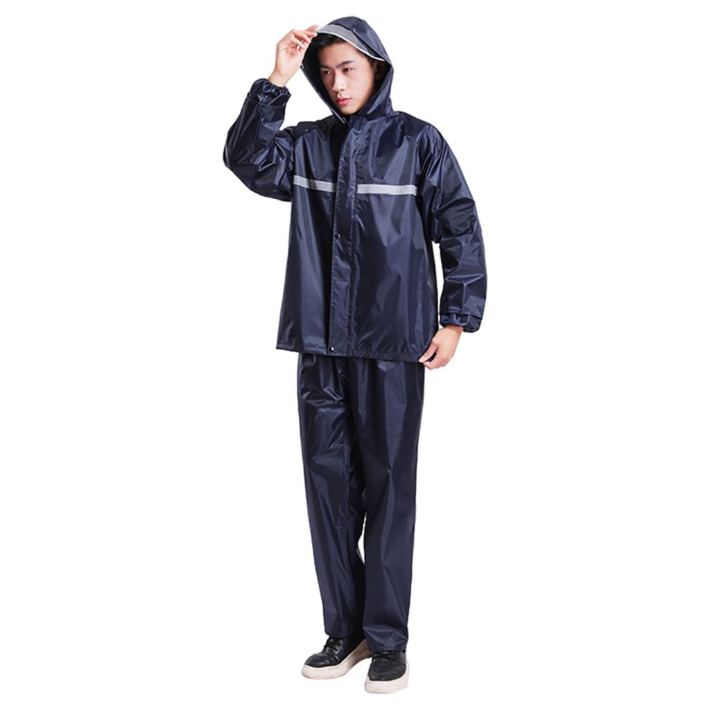 Men Raincoat Hooded Suit Work Reflective Tape Rainwear Pants XXXL Navy