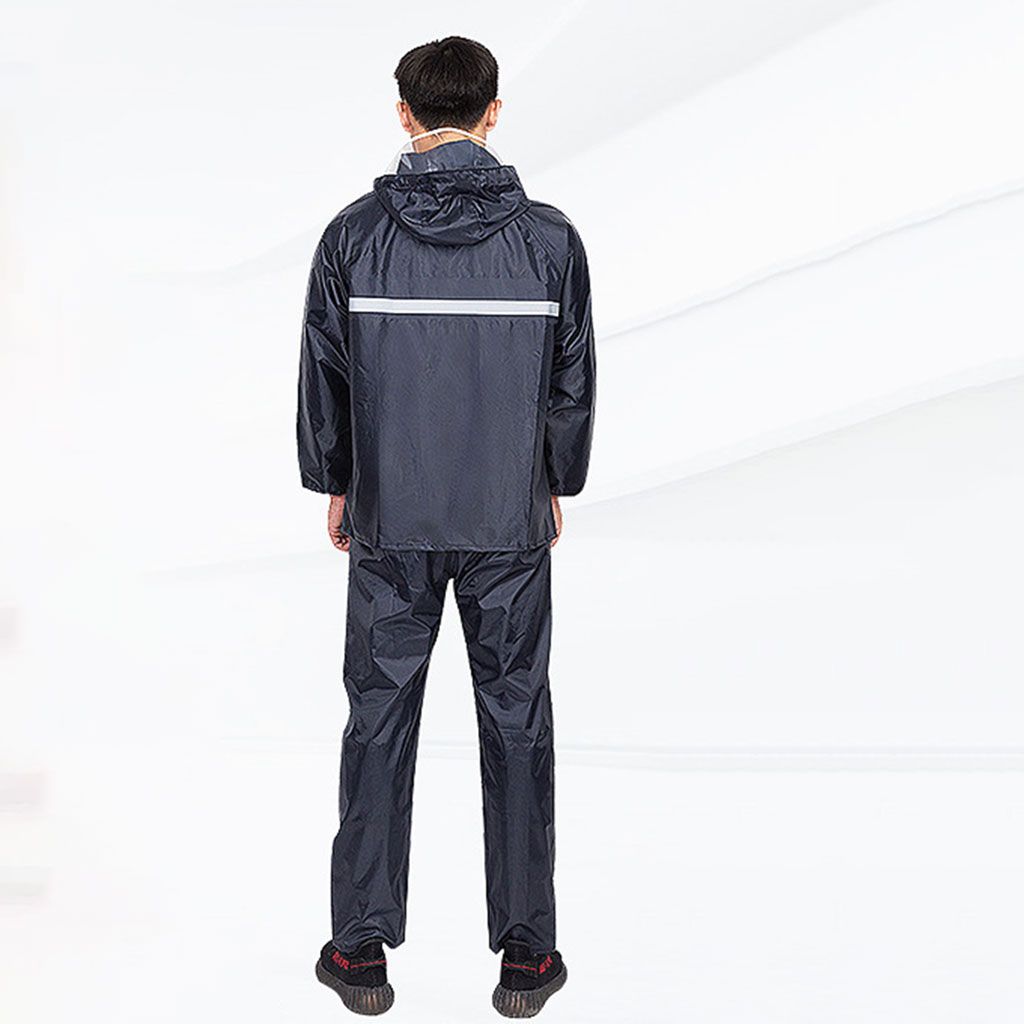 Men Raincoat Hooded Suit Work Reflective Tape Rainwear Pants XXXL Navy