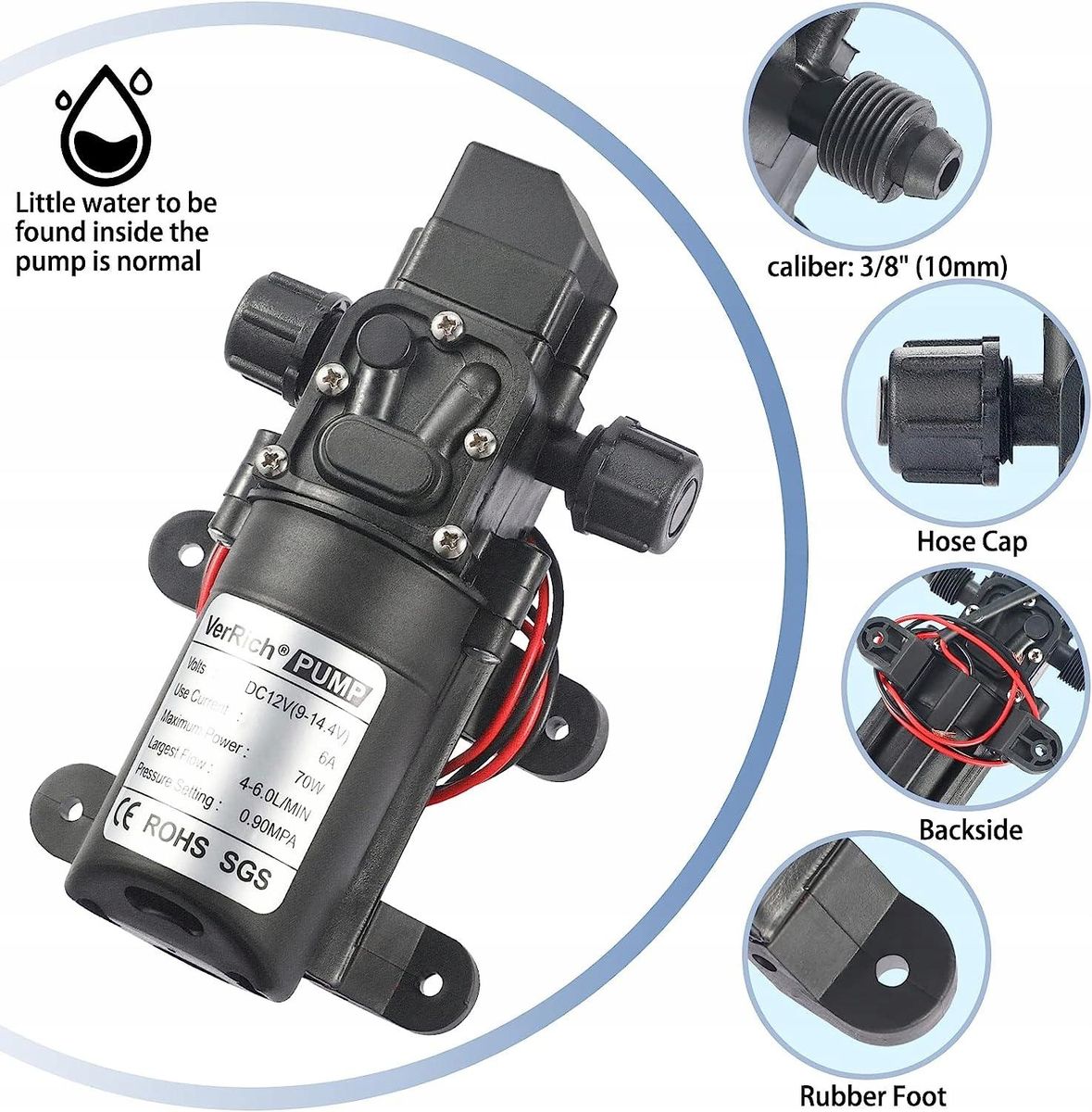 Diaphragm Pump 12V Water Pumps 70W Self Priming Sprayer Pump 6 L/Min 0.9MPA 131 PSI