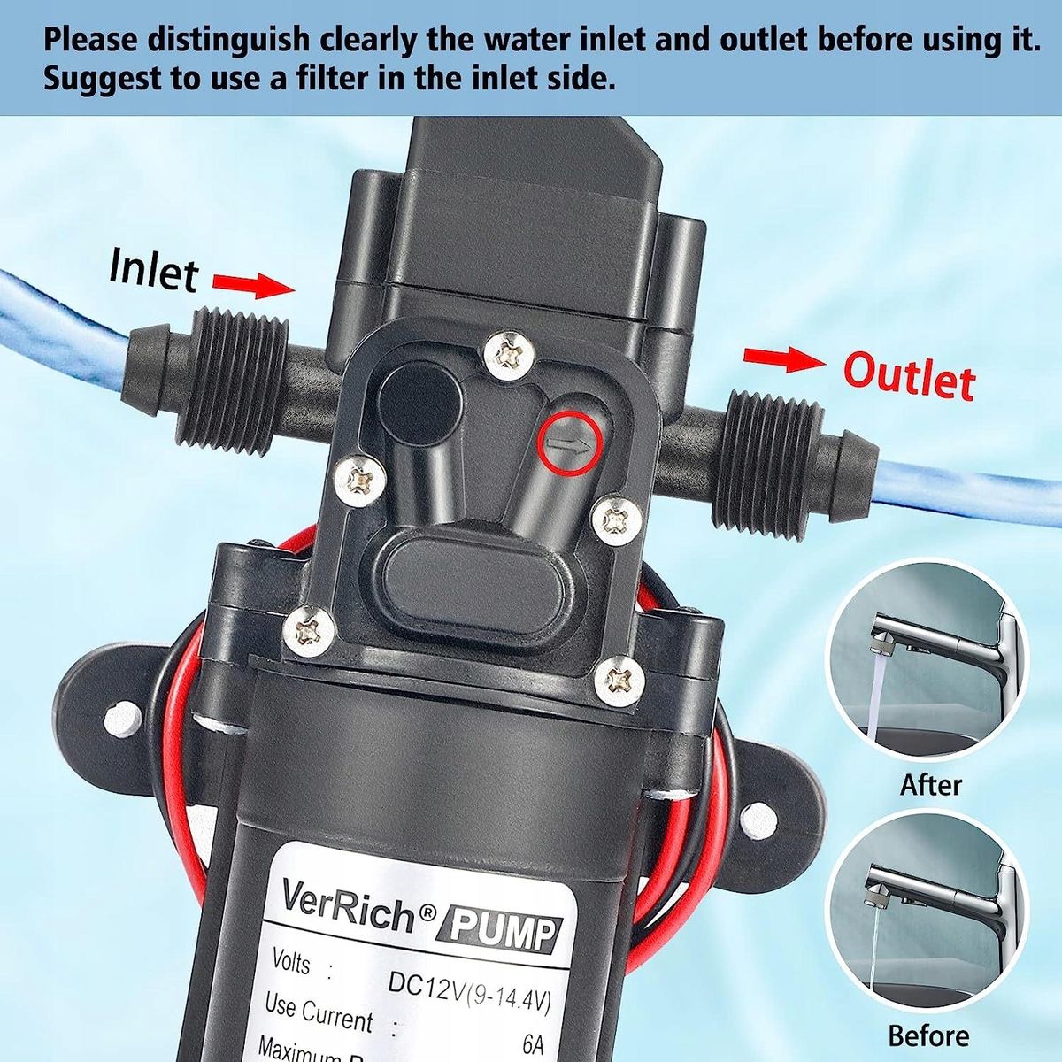 Diaphragm Pump 12V Water Pumps 70W Self Priming Sprayer Pump 6 L/Min 0.9MPA 131 PSI
