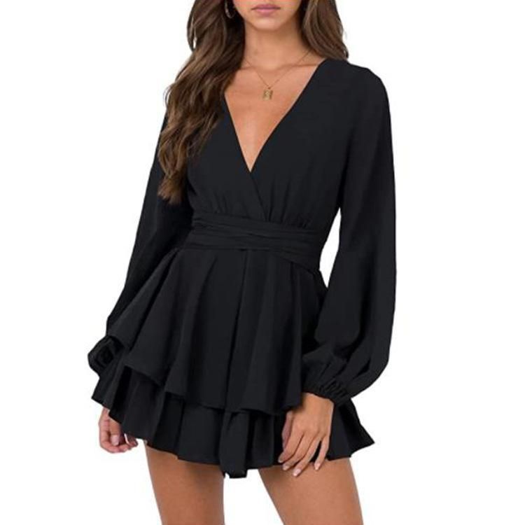 Women's solid color V-neck long-sleeved sleeve belt ruffle hem dress