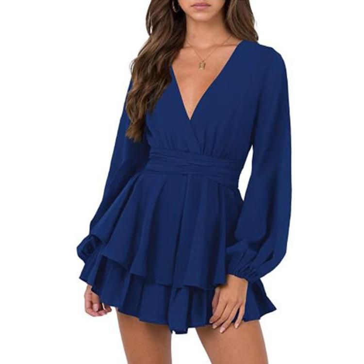 Women's solid color V-neck long-sleeved sleeve belt ruffle hem dress