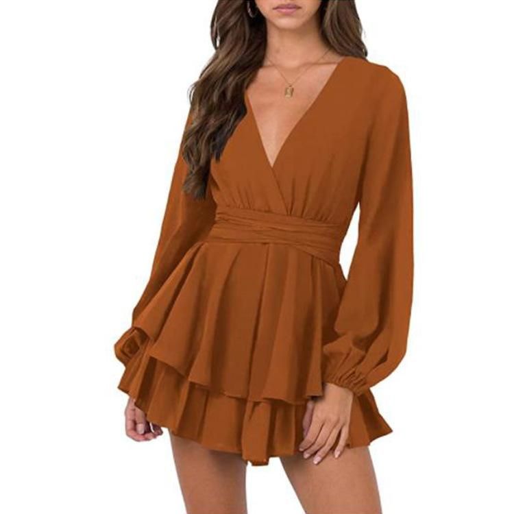 Women's solid color V-neck long-sleeved sleeve belt ruffle hem dress
