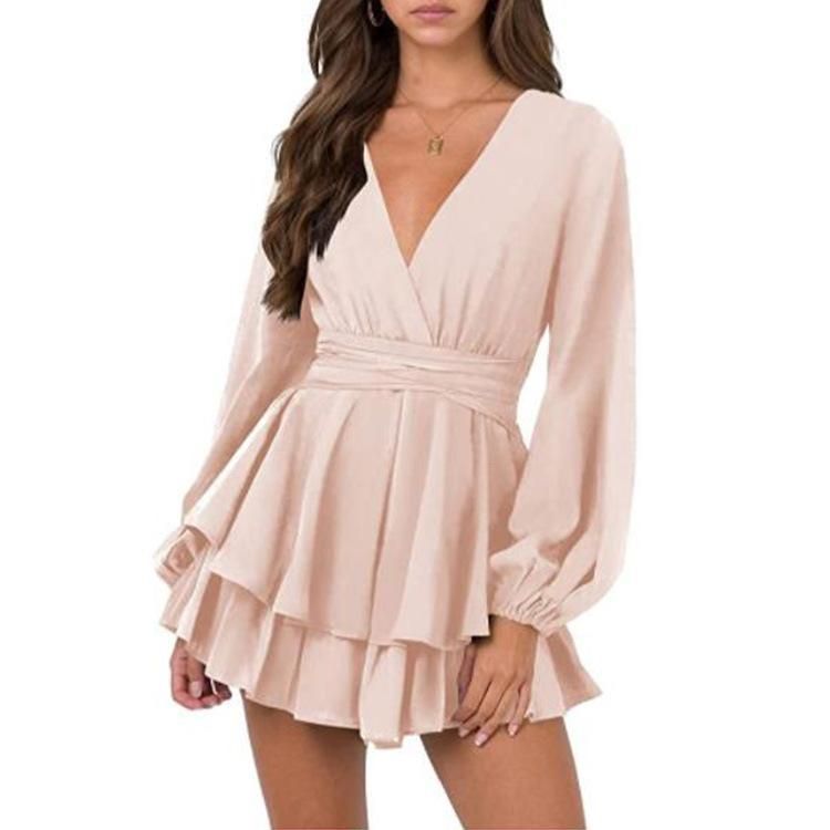 Women's solid color V-neck long-sleeved sleeve belt ruffle hem dress