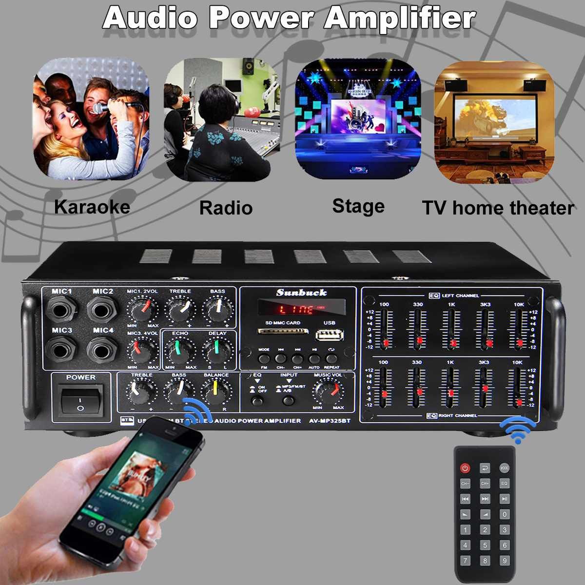 110/220V 8000W USB SD AMP FM DVD AUX With Remote Control Support 4 Way Microphone Input Bluetooth Amplifier Audio Stereo Digital