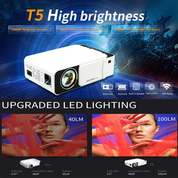 T5 100ANSI Lumens 800x400 Resolution 480P LED+LCD Technology Smart Projector Support HDMI / SD Card / 2 X USB / Audio 3.5mm Same Screen Version