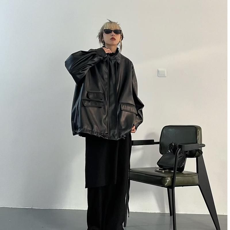 American style popular black PU leather jacket for women this year, new loose fitting casual jacket