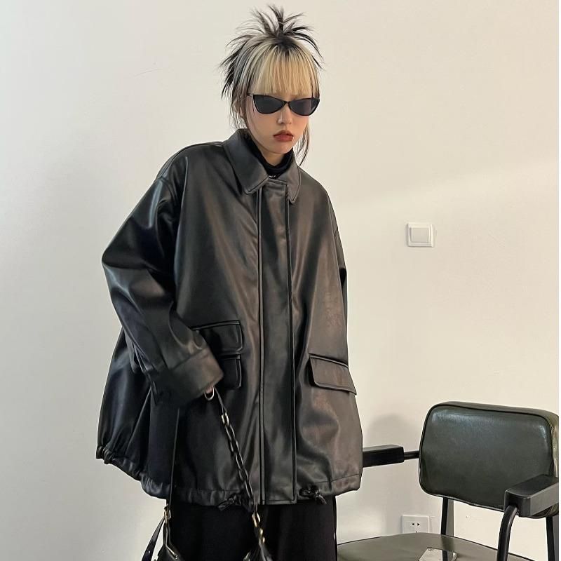 American style popular black PU leather jacket for women this year, new loose fitting casual jacket