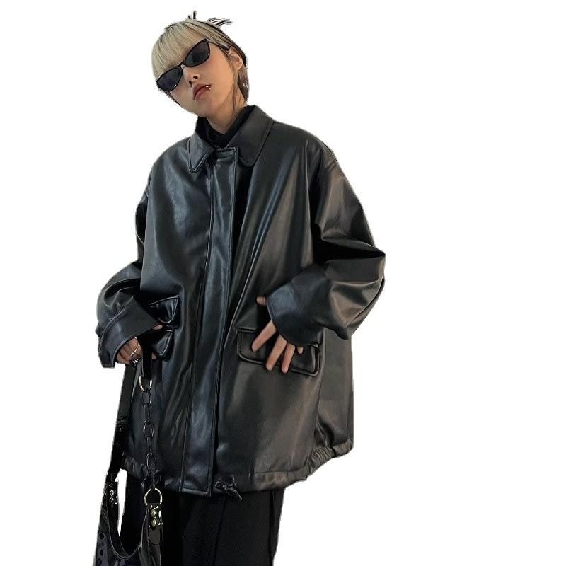 American style popular black PU leather jacket for women this year, new loose fitting casual jacket