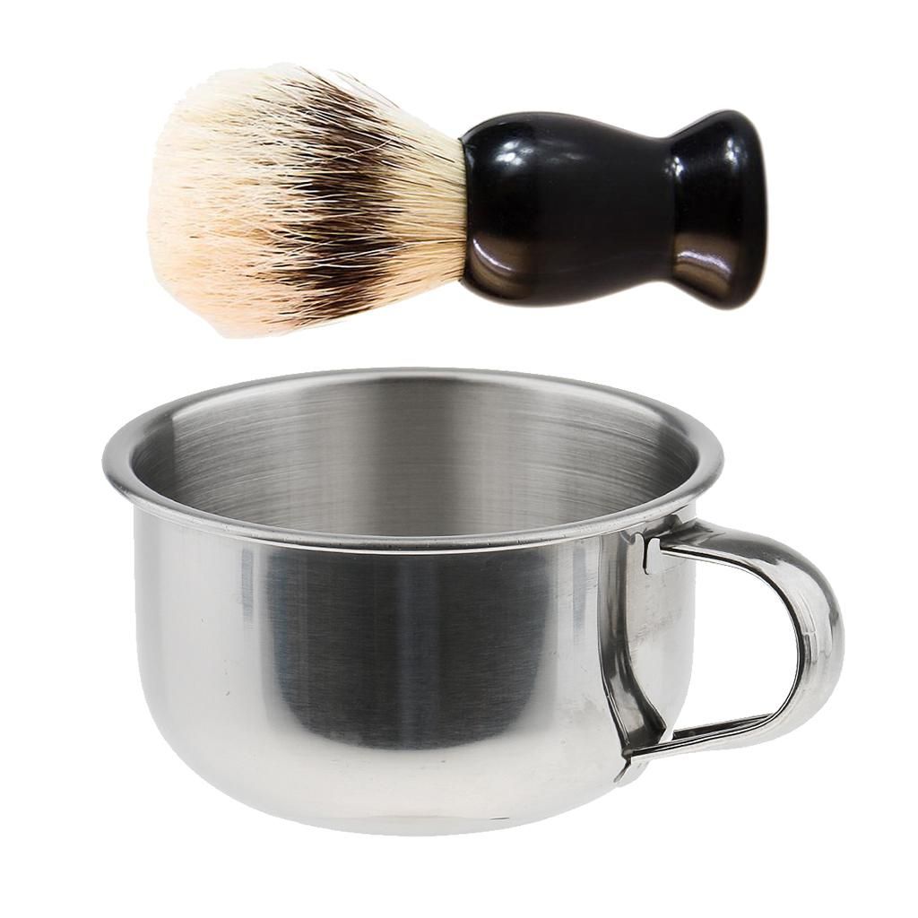 Men's Soft Bristle Brush W/ Steel Shaving Bowl Mug Shaving Grooming