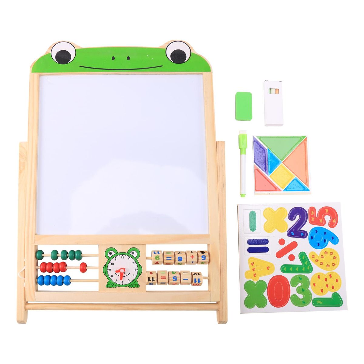 Children's Double Sided Easel Art Easel Chalk Chalkboard Magnetic Writing Board with Number Stickers and Tangram